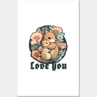 Mother and Baby Squirrel Embracing in Flowers Garden Love you Posters and Art